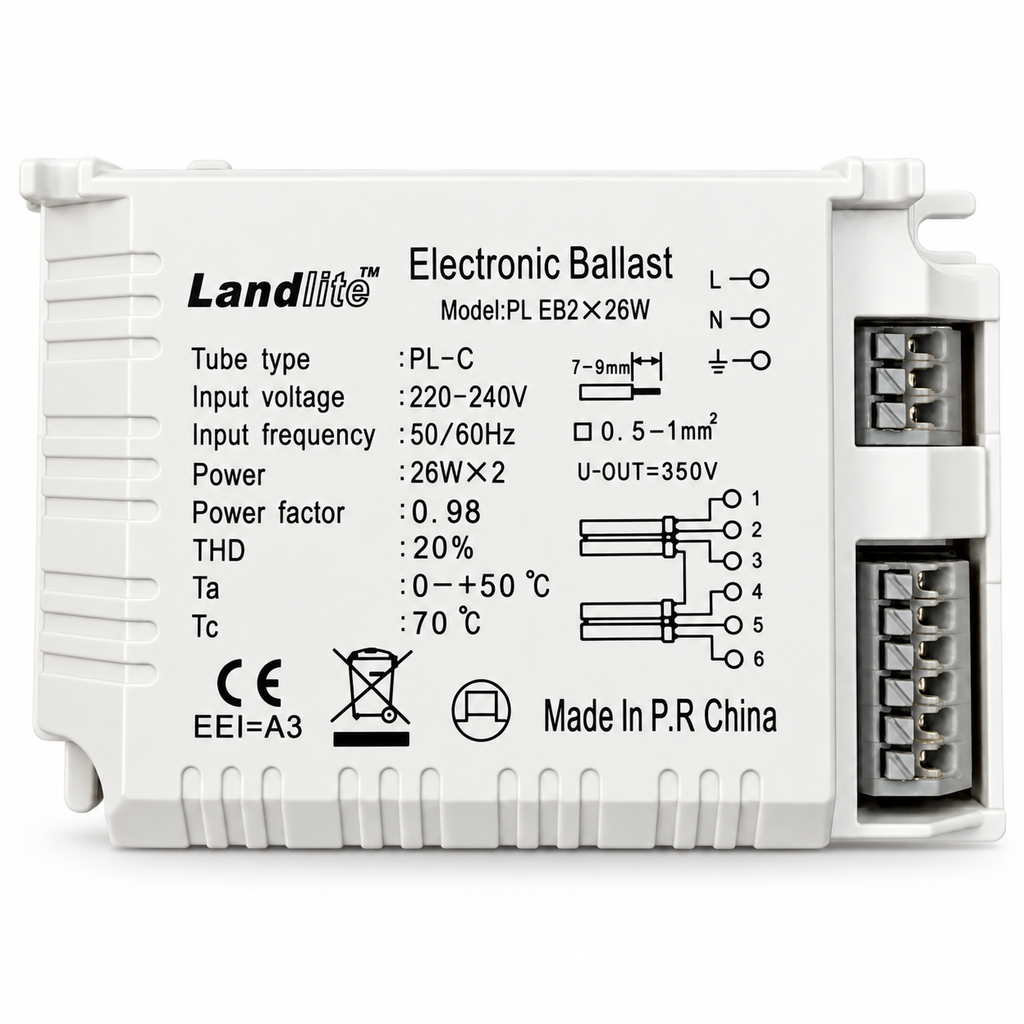LANDLITE EBT-226 elektronikus előtét 2x26W G24q-3 – 01CEL037B, típuscímke