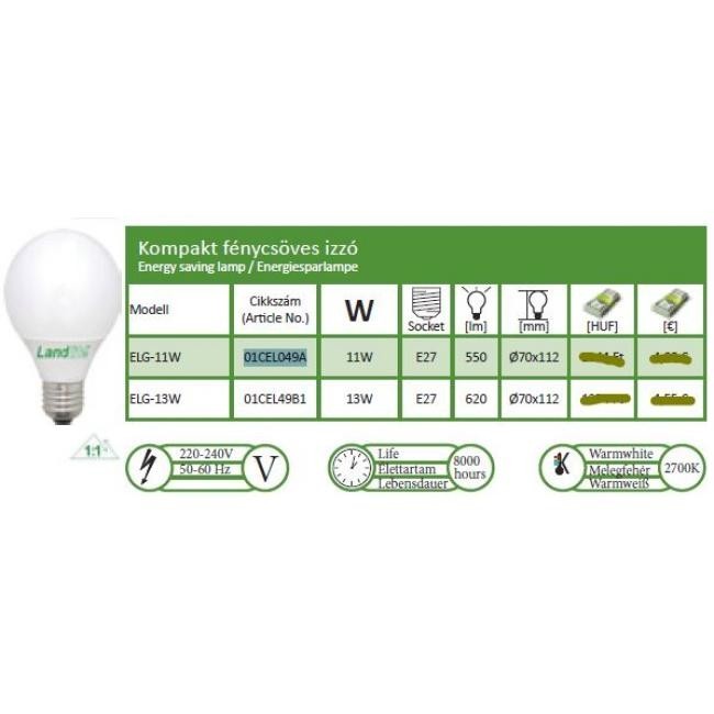ELG-13W Energiespar-Kugellampe – E27, G70, 13 W, 2700 K