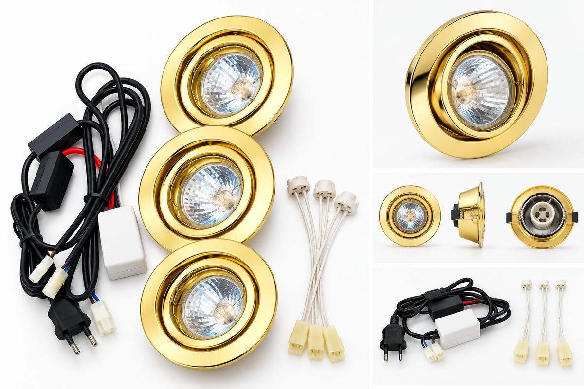 KIT-60-3 halogén szett – 12 V, 3×20 W, sárgaréz
