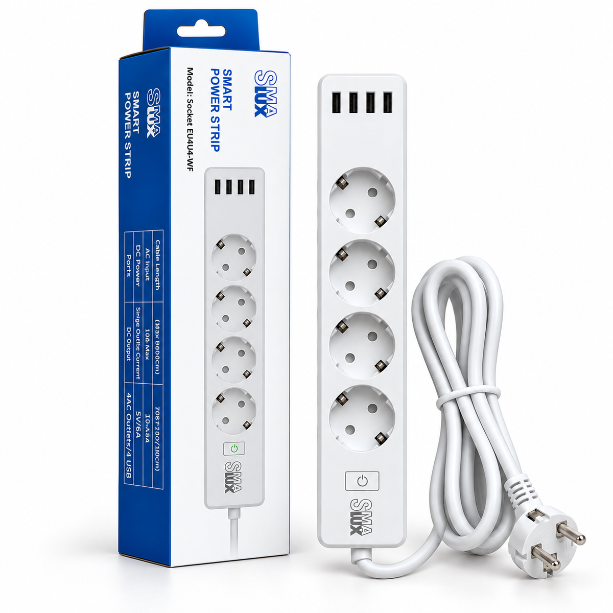 SMAlux EU4U4-WF WLAN-Steckdosenleiste – 4 Steckdosen + 4 USB, 1,8 m, weiß – 01CEL462