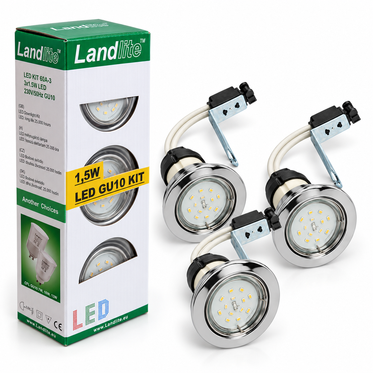 KIT-60A Einbaustrahler-Set, 3 Stück – 3×1,5 W GU10 LED, warmweiß, Chrom