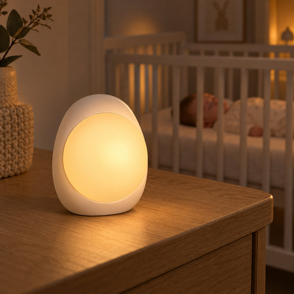 White Noise Maschine mit warmem Nachtlicht im Kinderzimmer, Baby schläft im Bett