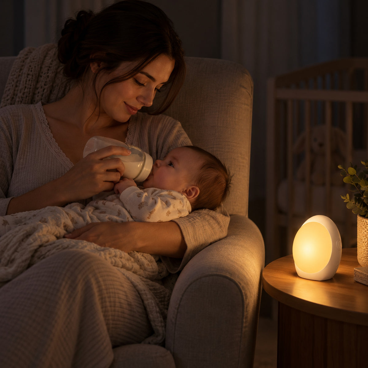 Mutter füttert ihr Baby nachts im sanften Licht der White Noise Maschine