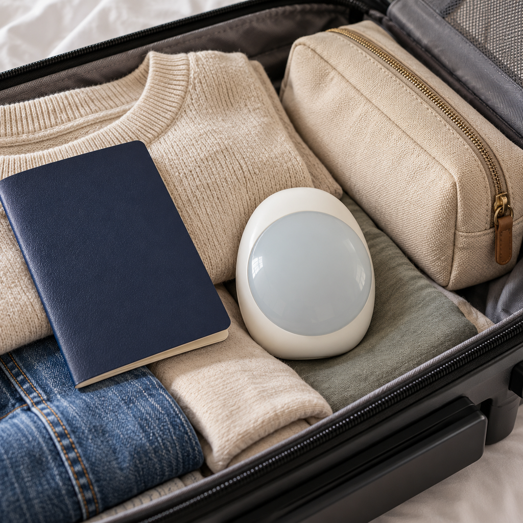 Kompakte White Noise Maschine im Koffer – ideal für Reisen