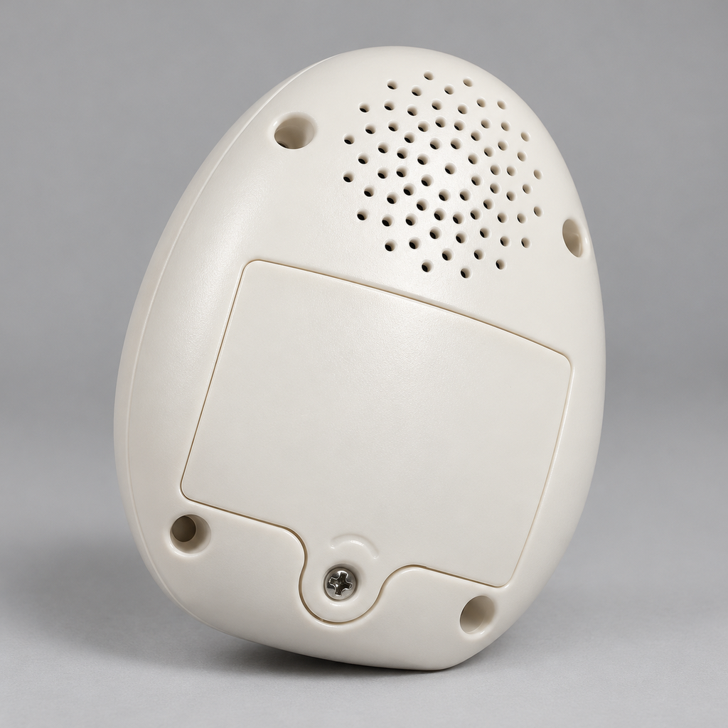 Rückseite der White Noise Maschine mit Lautsprecher und verschraubtem, kindersicherem Batteriefach