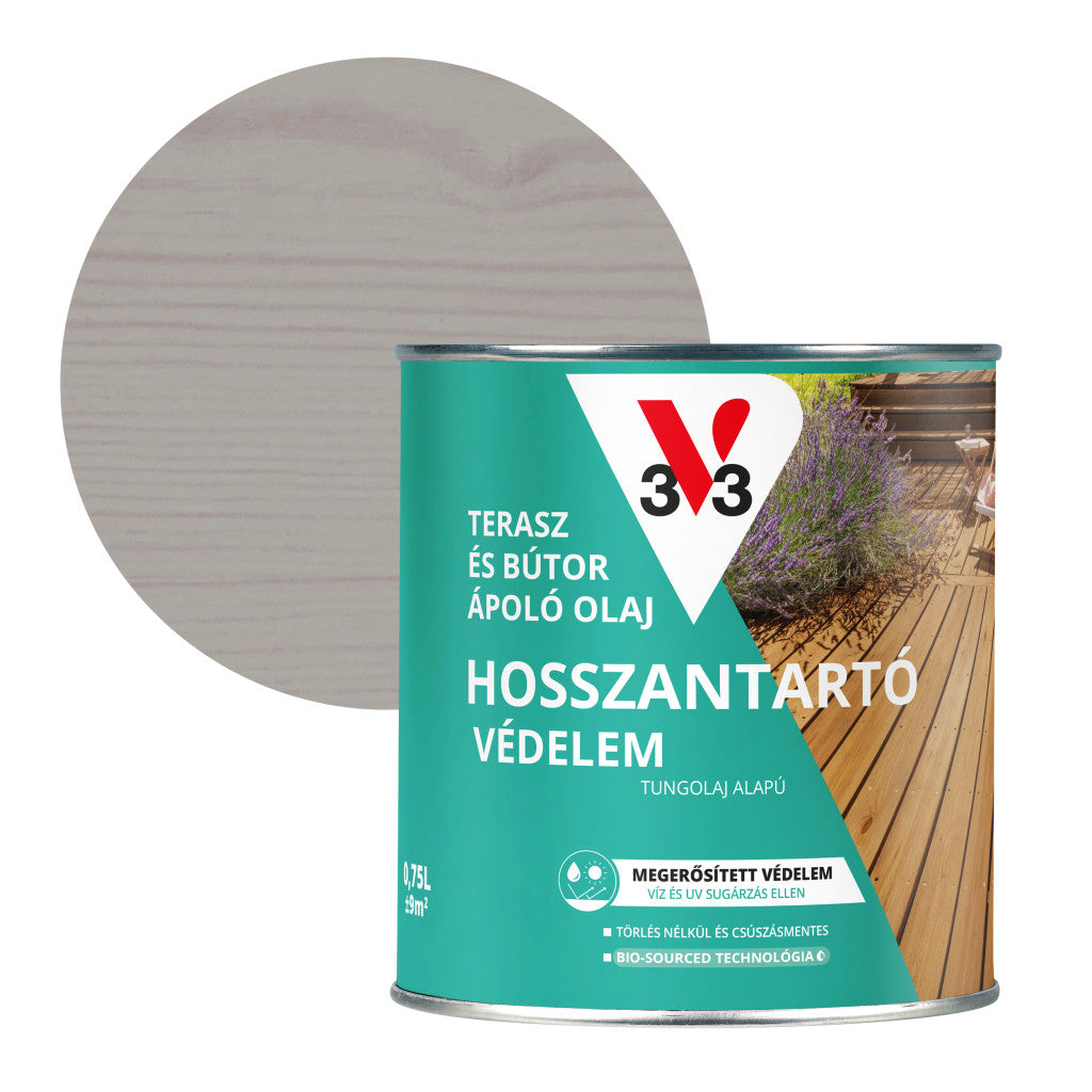 V33 Terasz- és kerti bútor ápoló olaj – 0,75 L, szürke, félig áttetsző