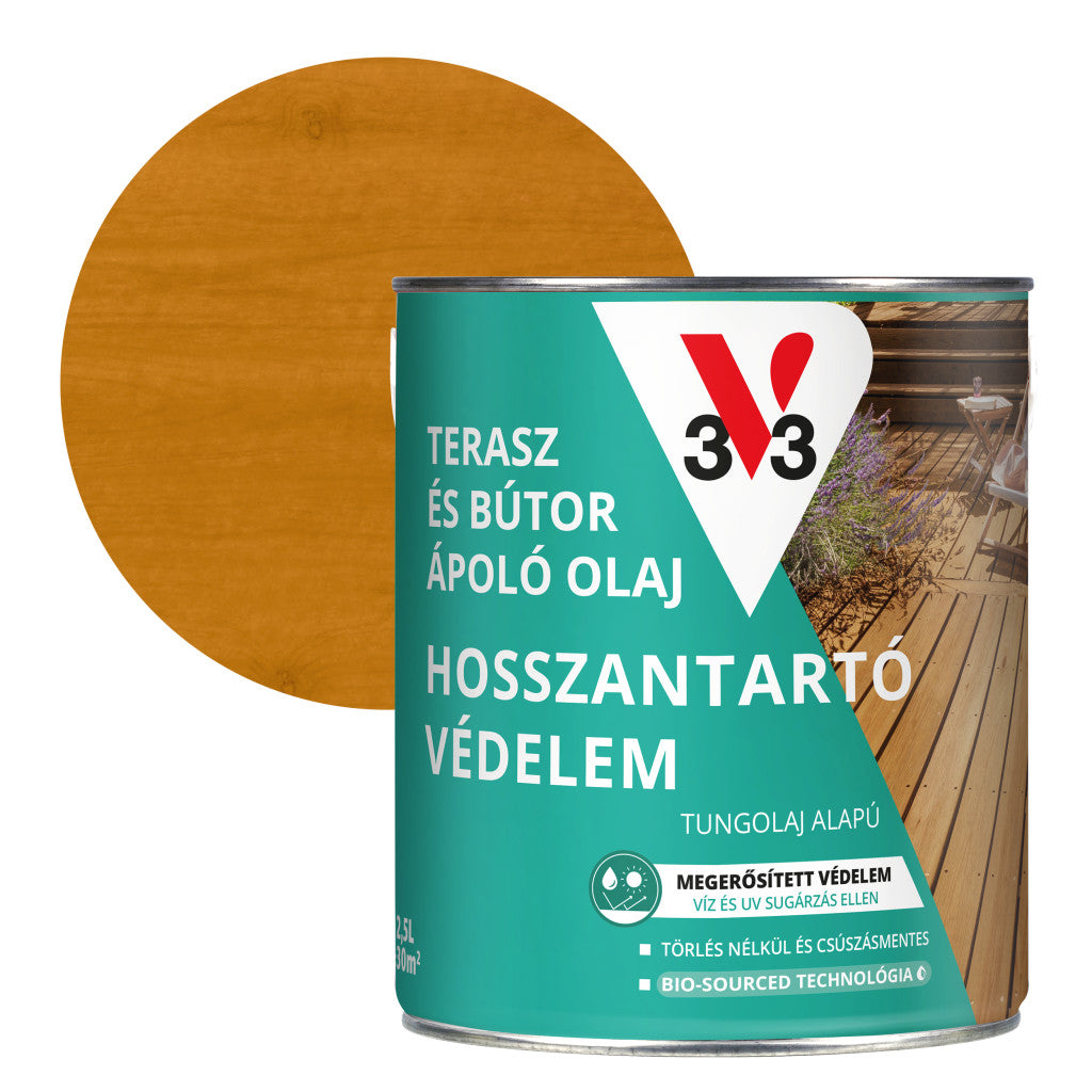 V33 Terasz- és kerti bútor ápoló olaj – 2,5 L, világos tölgy