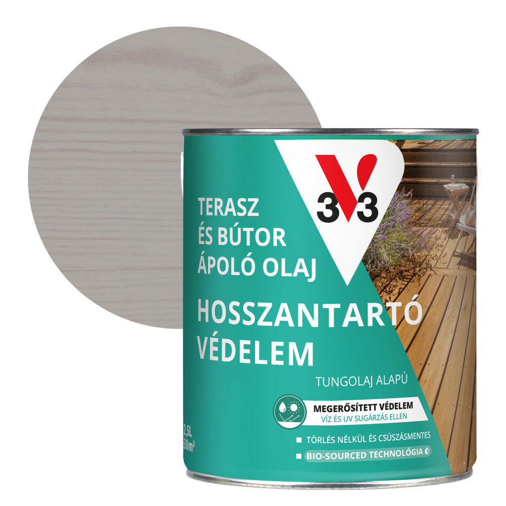 V33 Terasz- és kerti bútor ápoló olaj – 2,5 L, szürke, félig áttetsző
