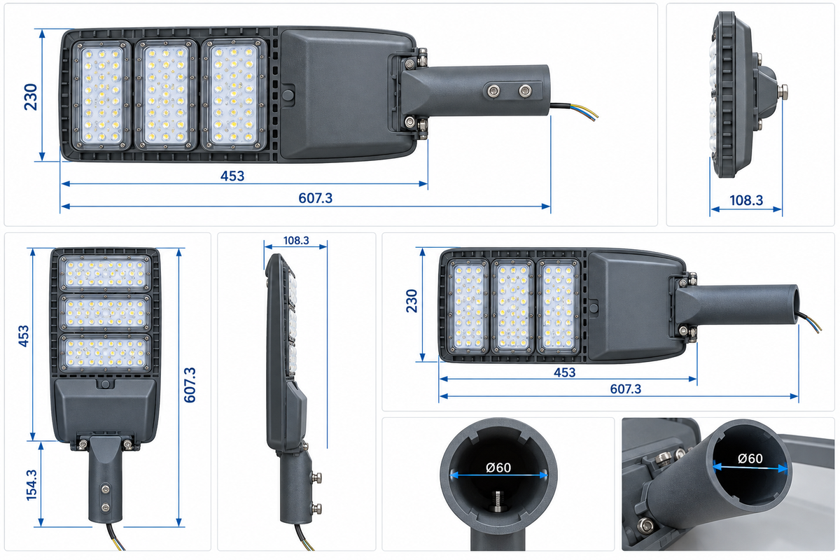 Landlite 12OT840 méretrajz – 607,3 × 230 × 108,3 mm, Ø60 mm csonk
