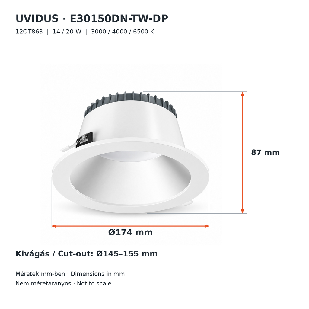 E30150DN-TW-DP UVIDUS LED downlight – 14/20 W, max. 2400 lm, 3000/4000/6500 K, IP64