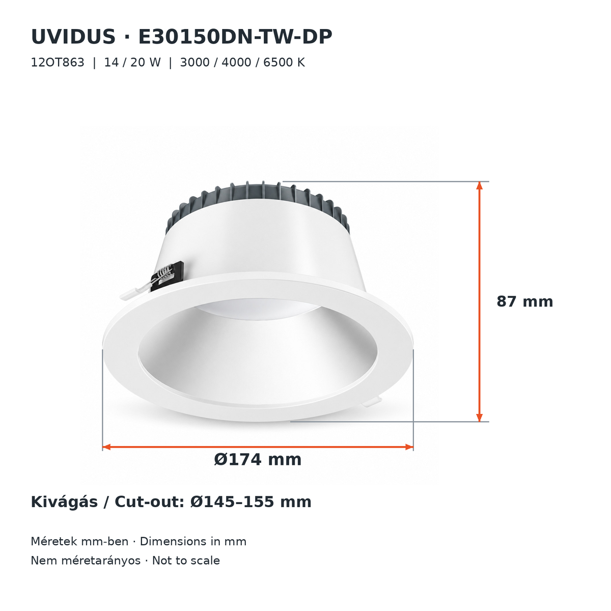 E30150DN-TW-DP UVIDUS LED downlight – 14/20 W, max. 2400 lm, 3000/4000/6500 K, IP64