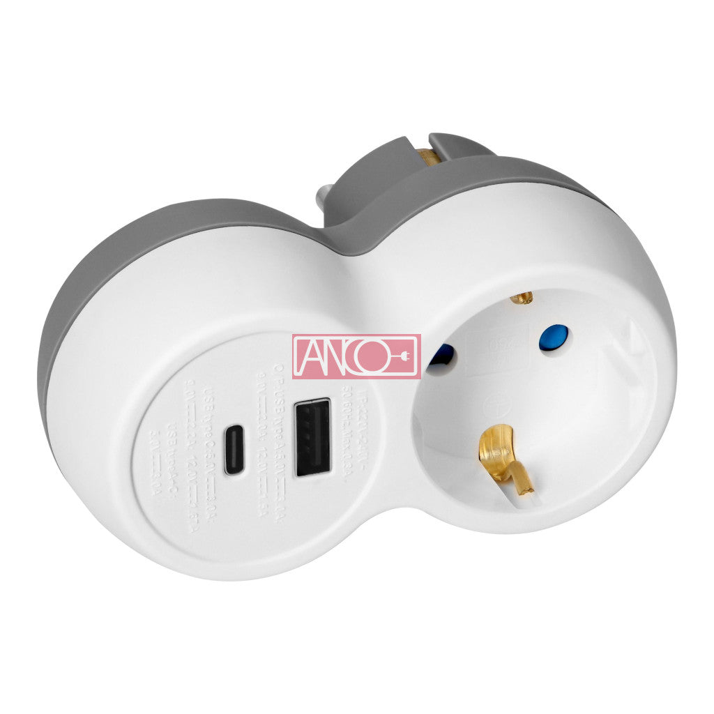 ANCO földelt elosztó adapter 2 USB (A+C) csatlakozóval, 16 A, 3680 W, IP20, fehér/szürke