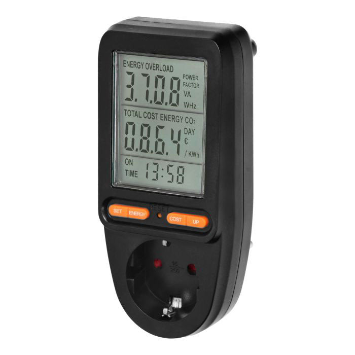 ANCO digitális energia-fogyasztásmérő, 16 A, 3680 W, LCD kijelzővel, fekete