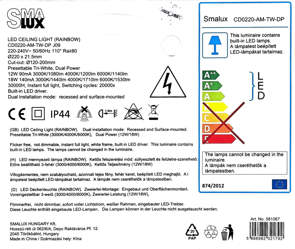SMALUX CD0220-AM-TW-DP LED mennyezeti lámpa – 18 W, WW/NW/CW, IP44