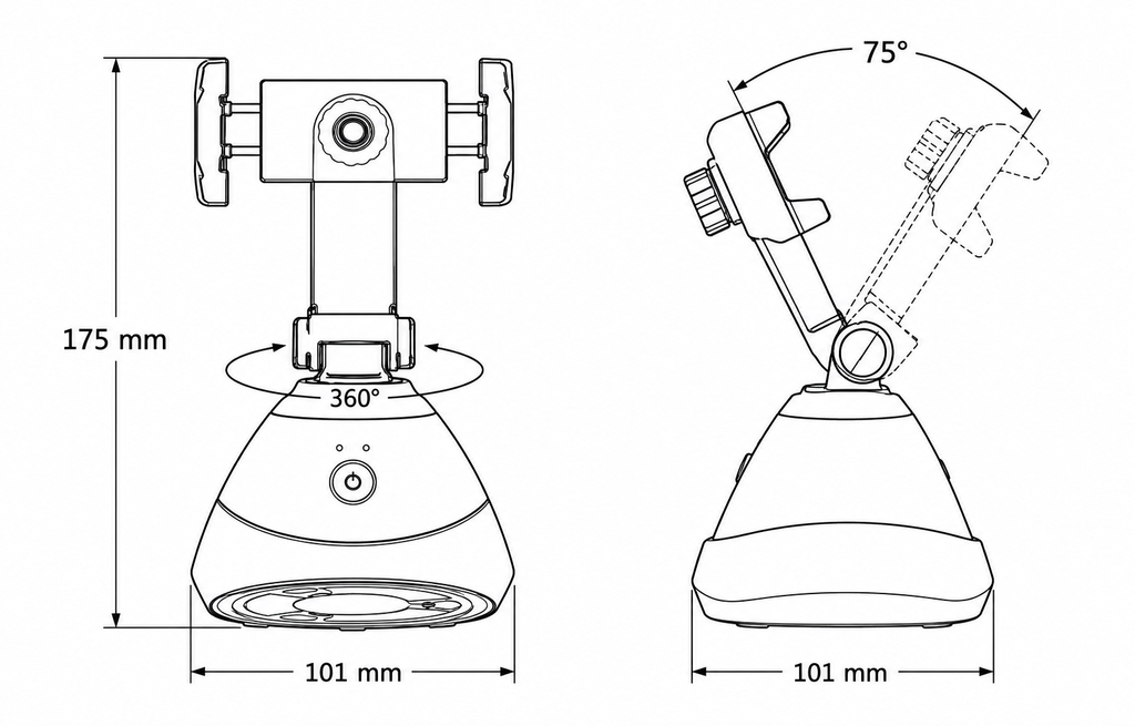 Face tracking phone holder dimension drawing – 101 × 101 × 185 mm