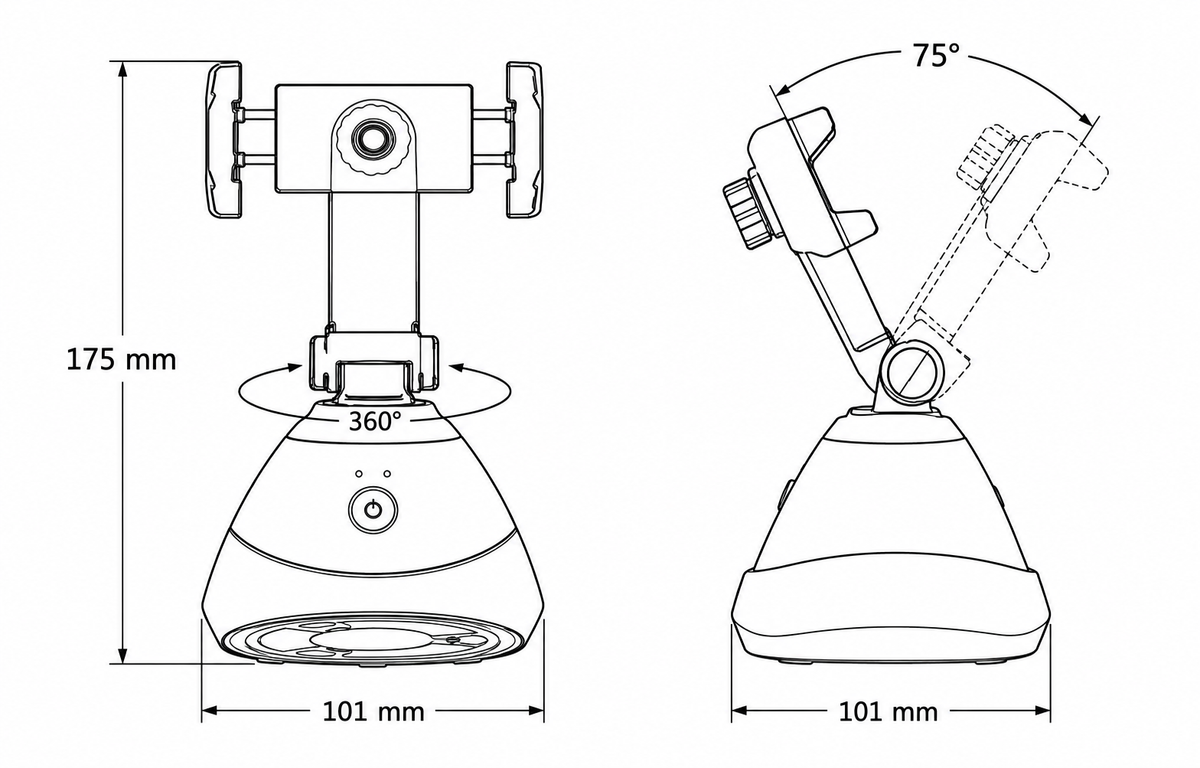 Face tracking phone holder dimension drawing – 101 × 101 × 185 mm