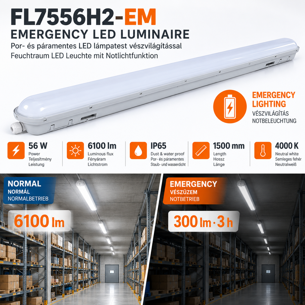 FL7556H2 (EM) por- és páramentes LED lámpatest vészvilágítással – 56 W, 6100 lm, 1500 mm, 4000 K, IP65