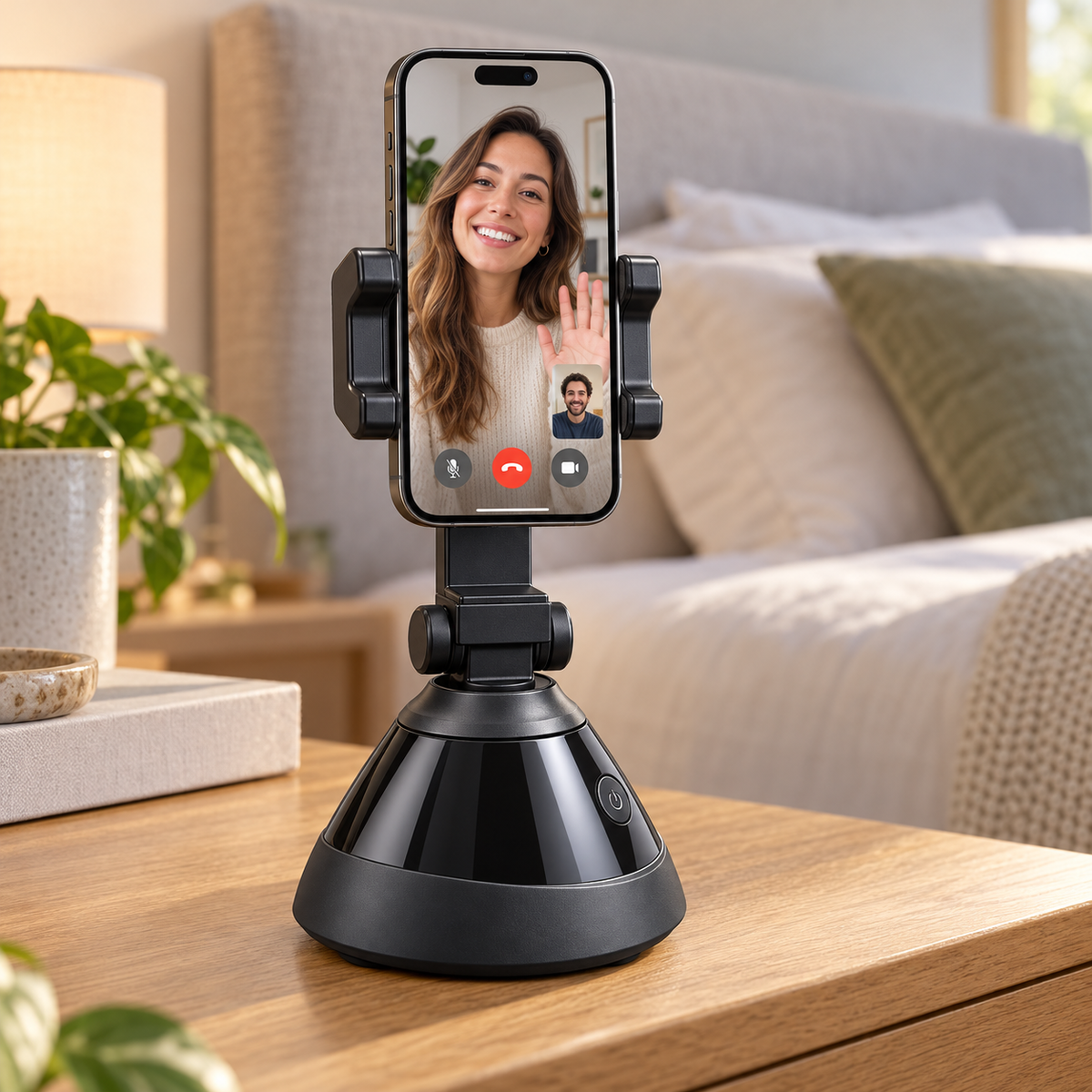 Automatic face tracking phone holder on a bedside table