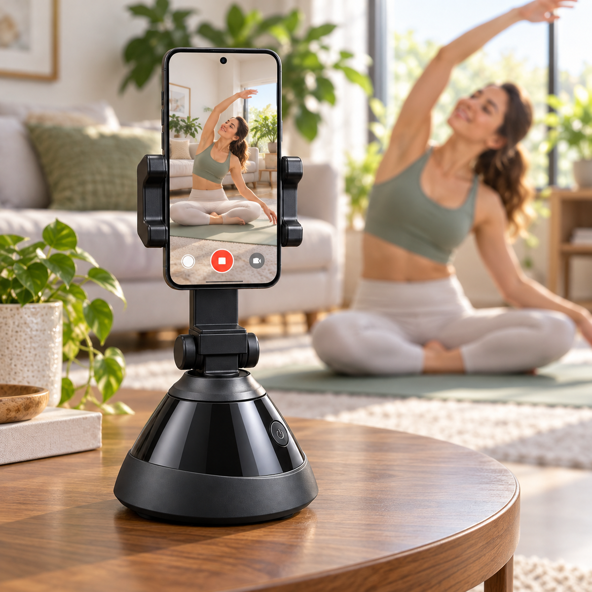 Recording a yoga session in the living room with a face tracking phone holder