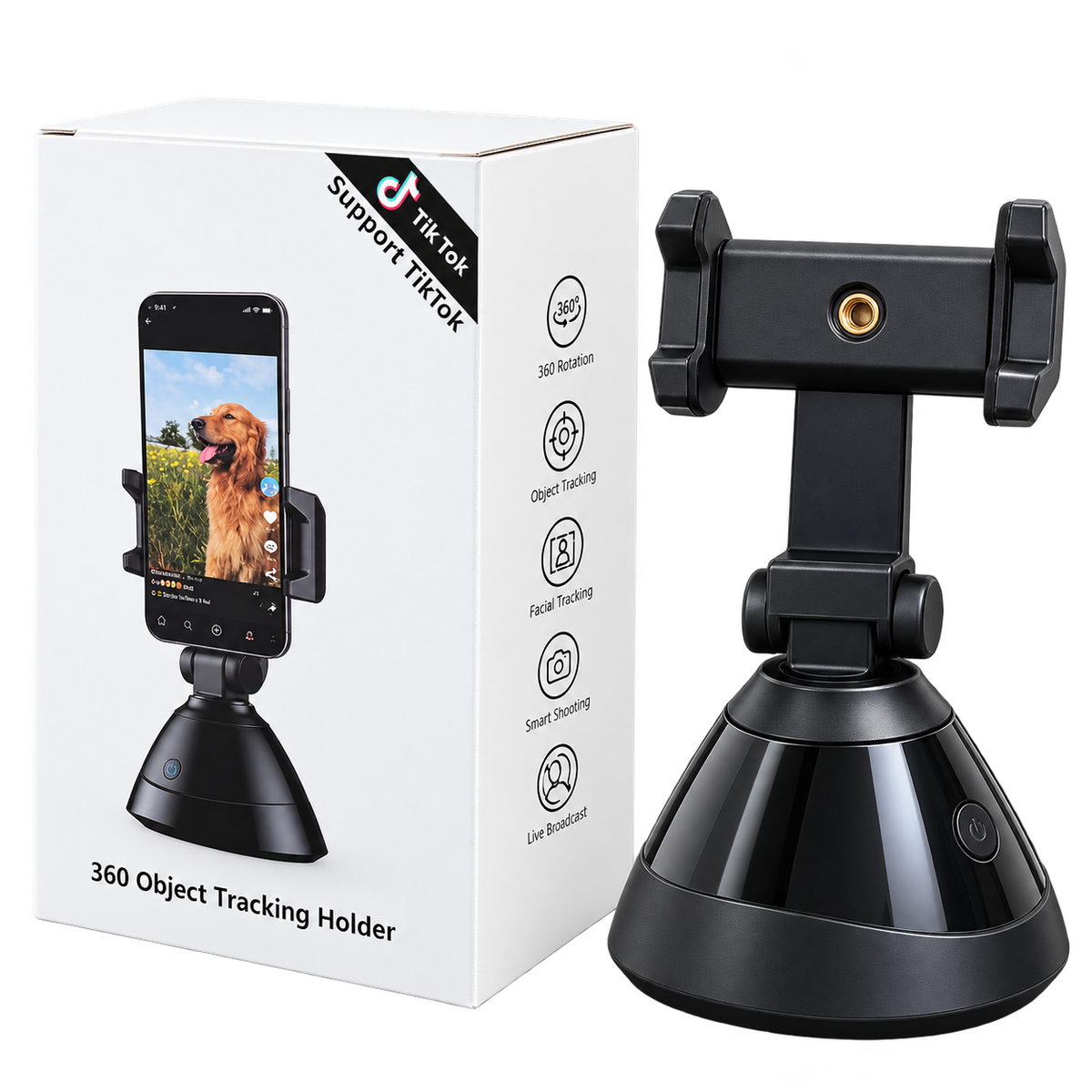 KAITO 360° smart face tracking phone holder in black with white box