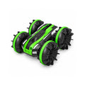 Green amphibious 4WD RC car with remote control on white background