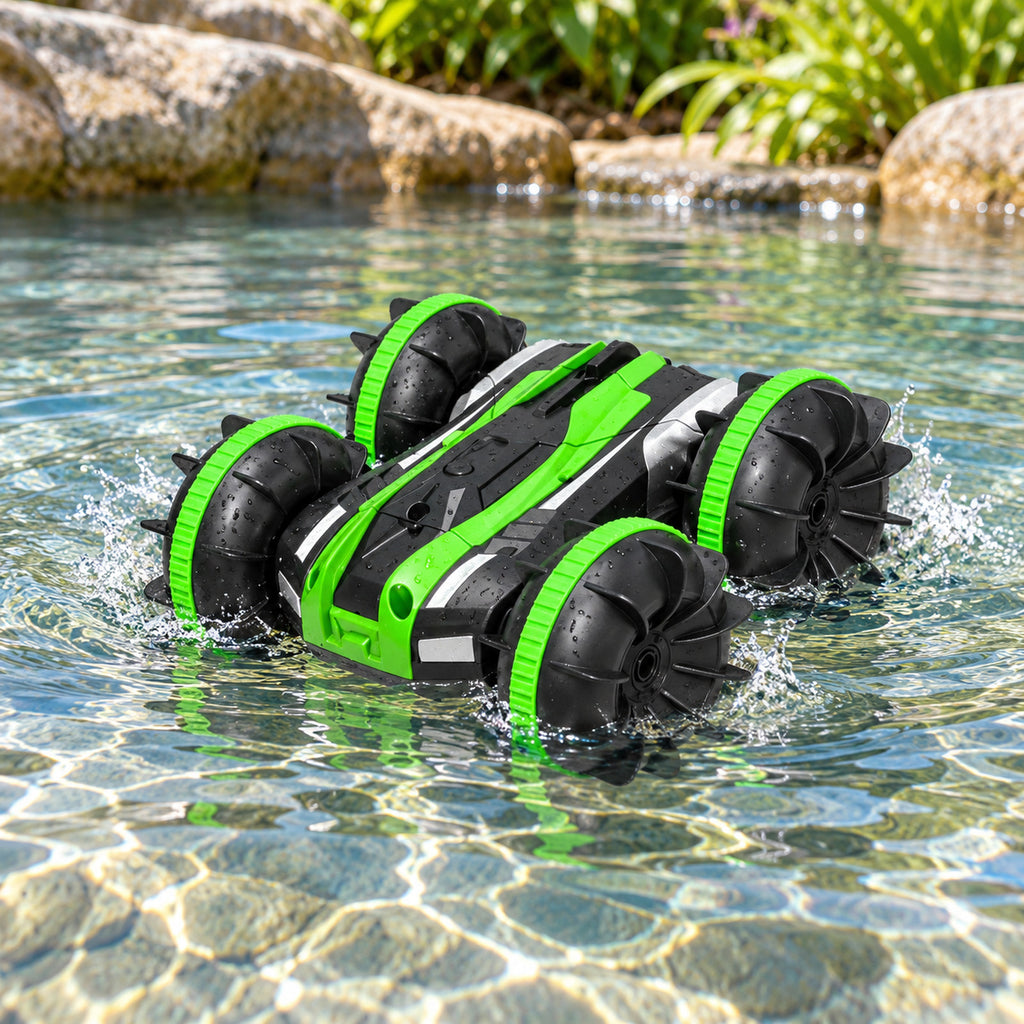 Green amphibious RC car driving on water