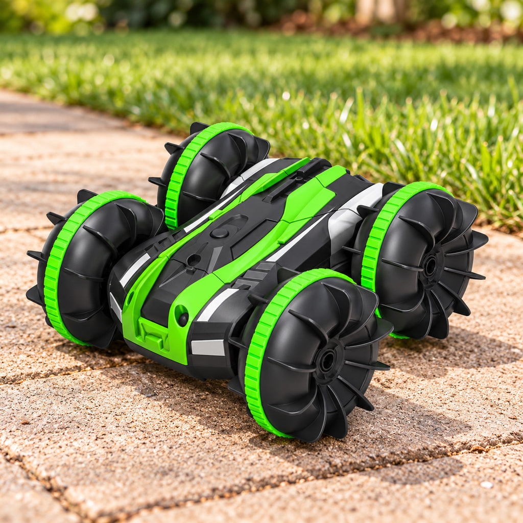Green 4WD RC car playing in the garden