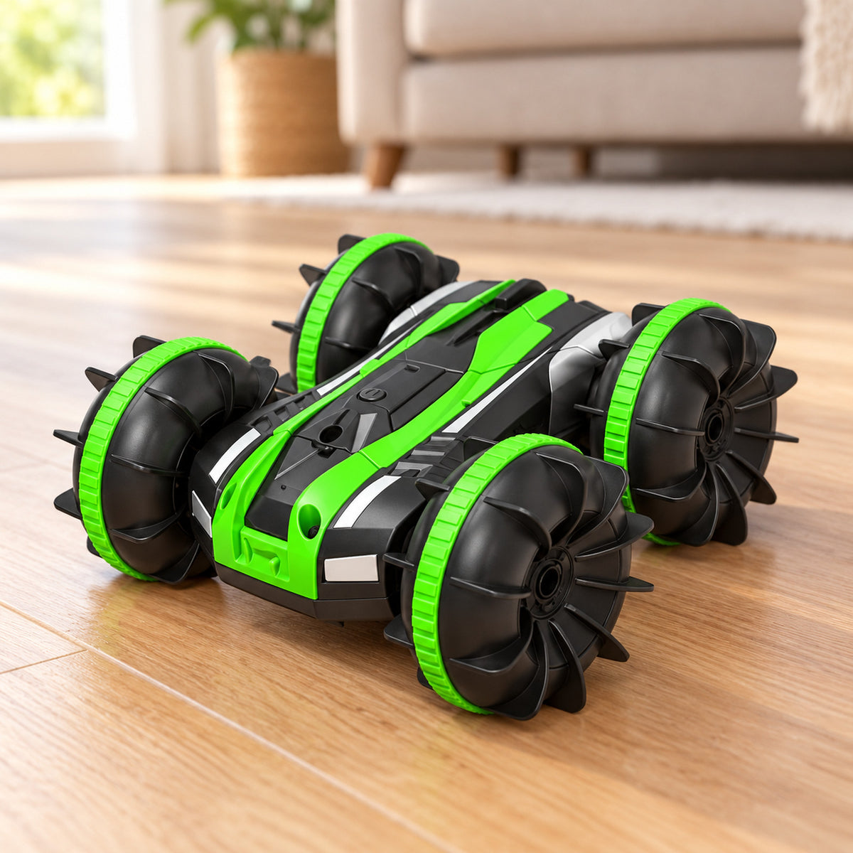 Green remote-control stunt car for indoor play