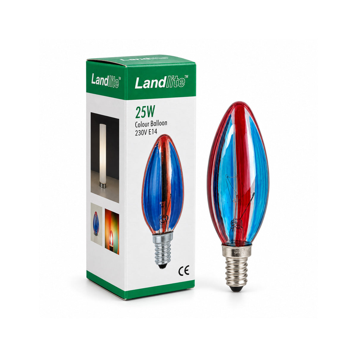 LANDLITE colour decorative bulb SERENGETI, E14, 25 W, candle, blue-red striped