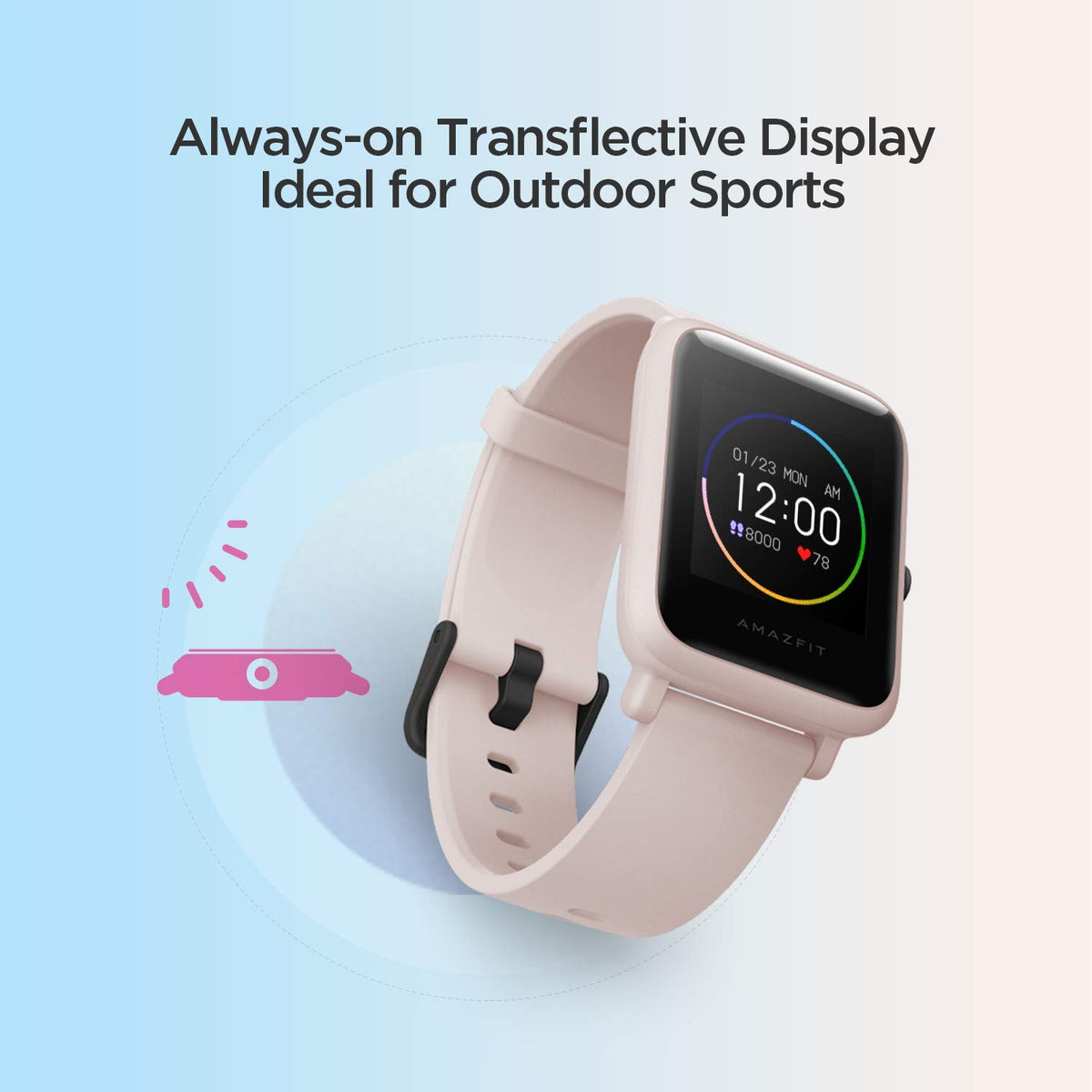Amazfit Bip S Lite okosóra – Sakura Pink – mindig bekapcsolt transzflektív kijelző